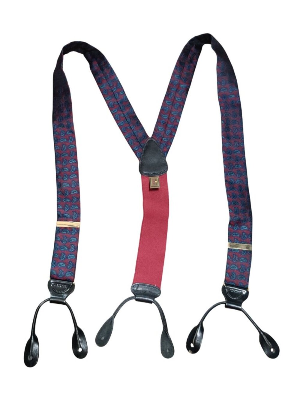 Vintage Trafalgar Paisley Suspenders Red Blue Silk Leather Y Back Braces USA
